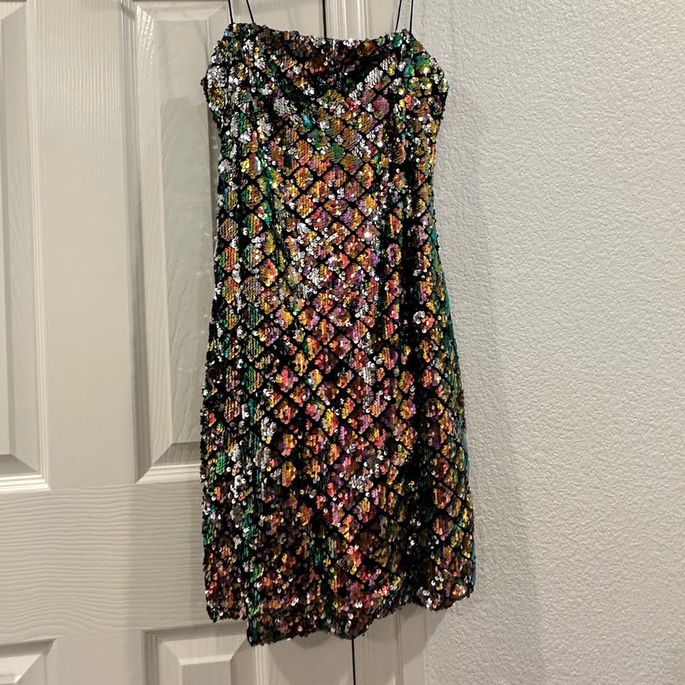 Sequin rainbow multicolor mini dress spaghetti strap